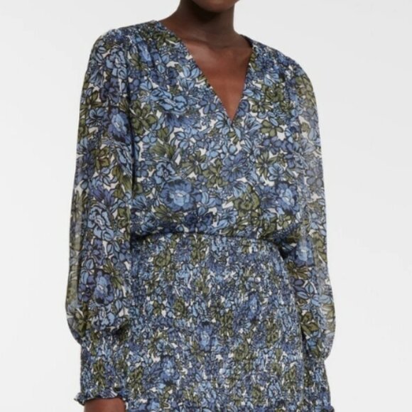 Veronica Beard Saera Blue Multi Floral V-neck Long Sleeves Mini Dress XS $495 - Picture 10 of 15
